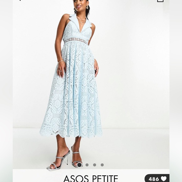 NWT ASOS Lace Light blue halter neck dress Petite 6 Small midi Bridal party - Picture 2 of 11